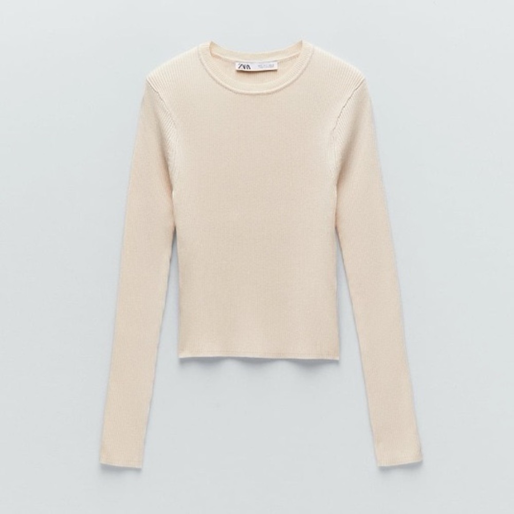 Zara Beige Ribbed Long Sleeve Tee